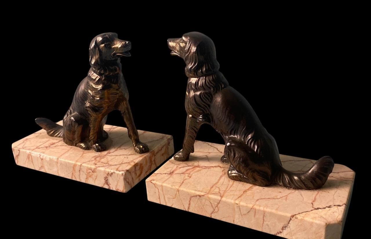 Art Deco France Pair Of Metal Bookends Featuring Dogs With A Fine Marble Base photo for sale