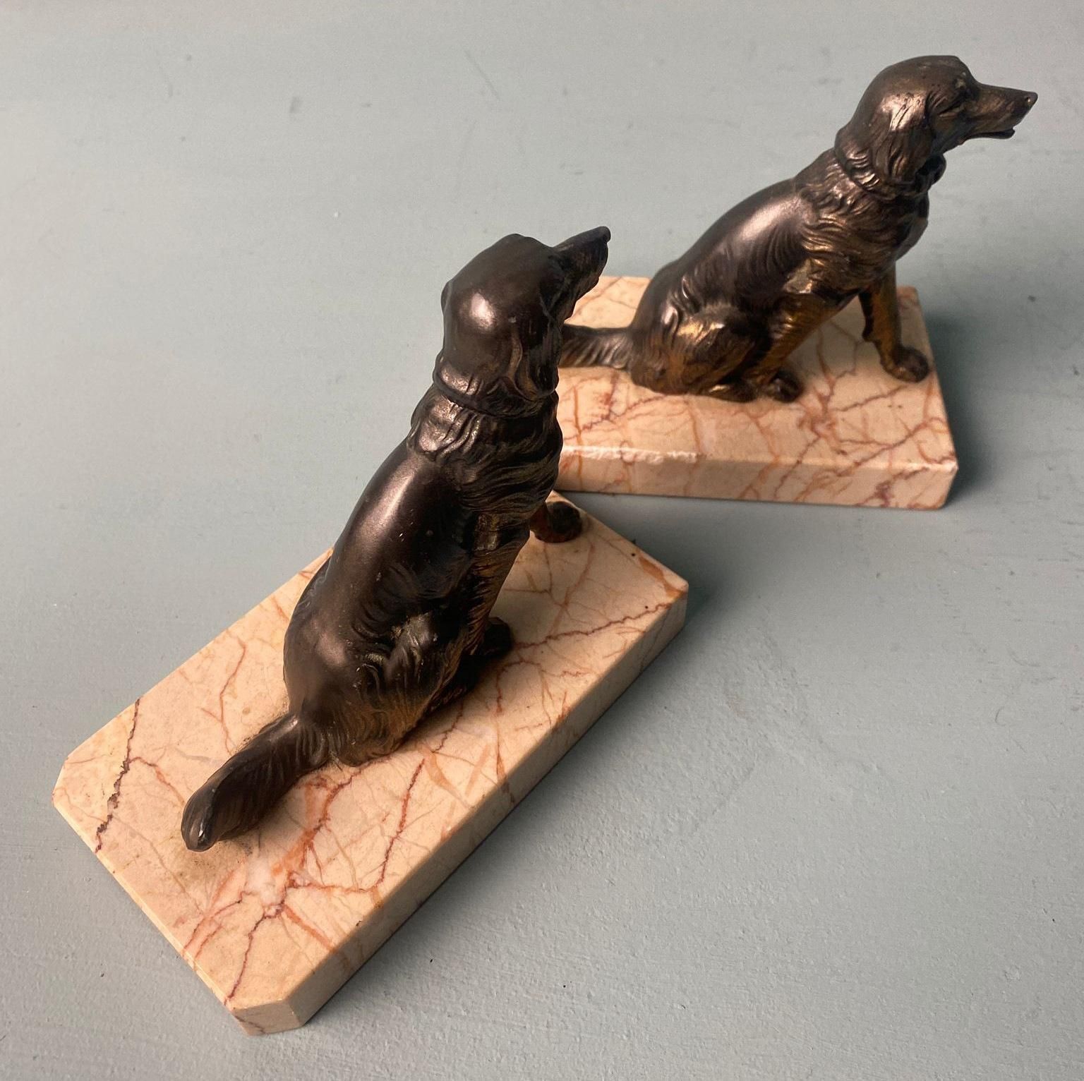 Art Deco France Pair Of Metal Bookends Featuring Dogs With A Fine Marble Base photo buy