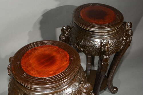 Pair Of Antique Asian Carved Wood Lacquered Plant Or Vase Stand photo for sale