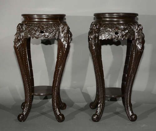 Pair Of Antique Asian Carved Wood Lacquered Plant Or Vase Stand photo vinterior