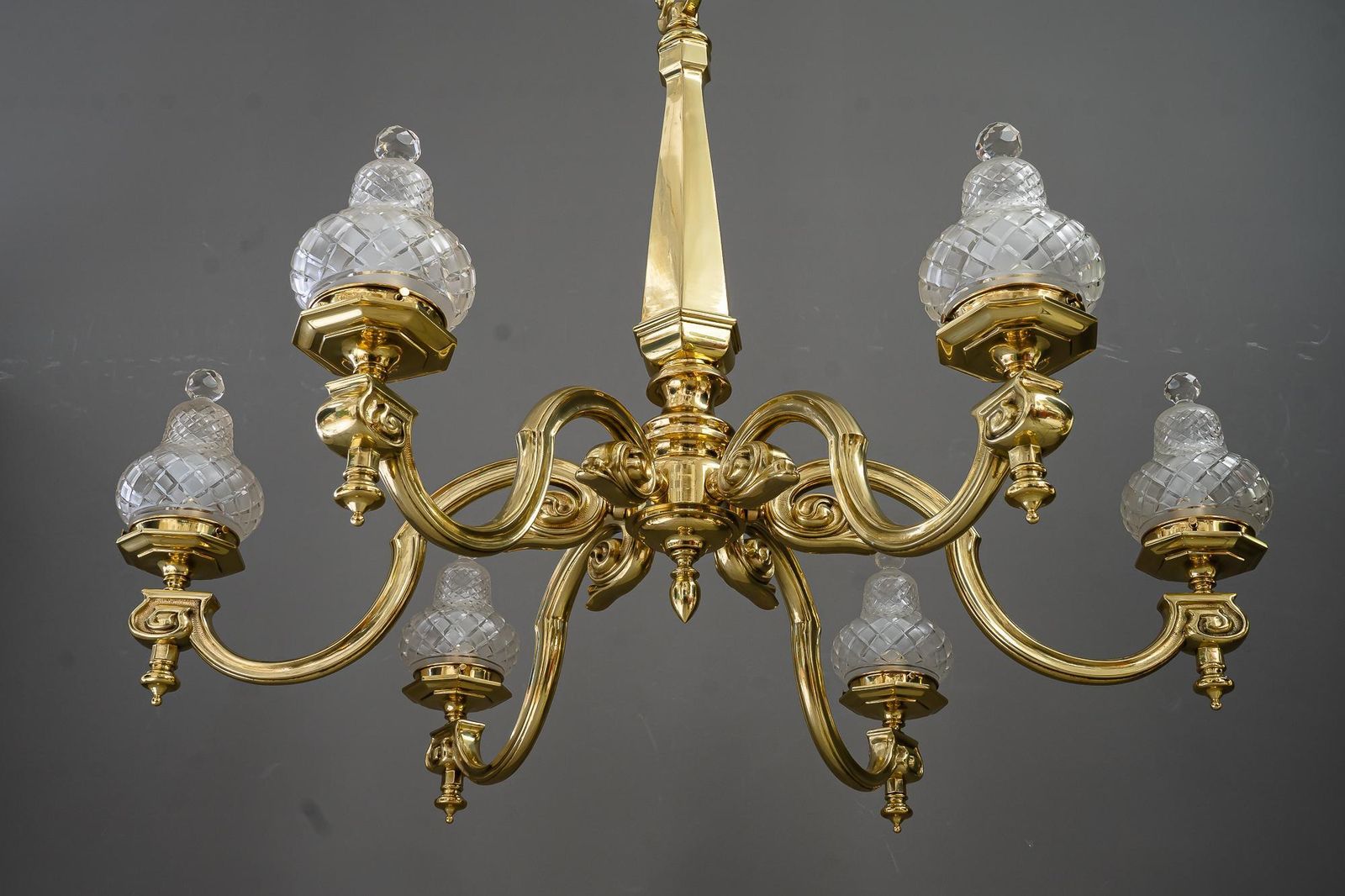 Very Big Art Deco Chandelier With Original Cut Glass Shades Vienna Around 1920s photo for sale