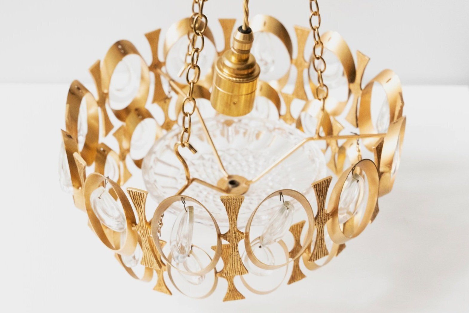Unique 20th Century Chandelier In Gilded Metal And Glass, French Design photo buy