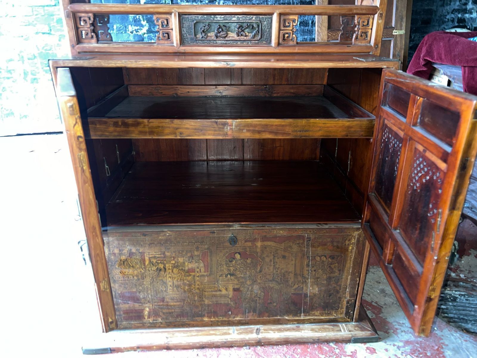 Chinese 19th Century Dowry Chest With Fretwork And Carved Gilt Characters photo for sale