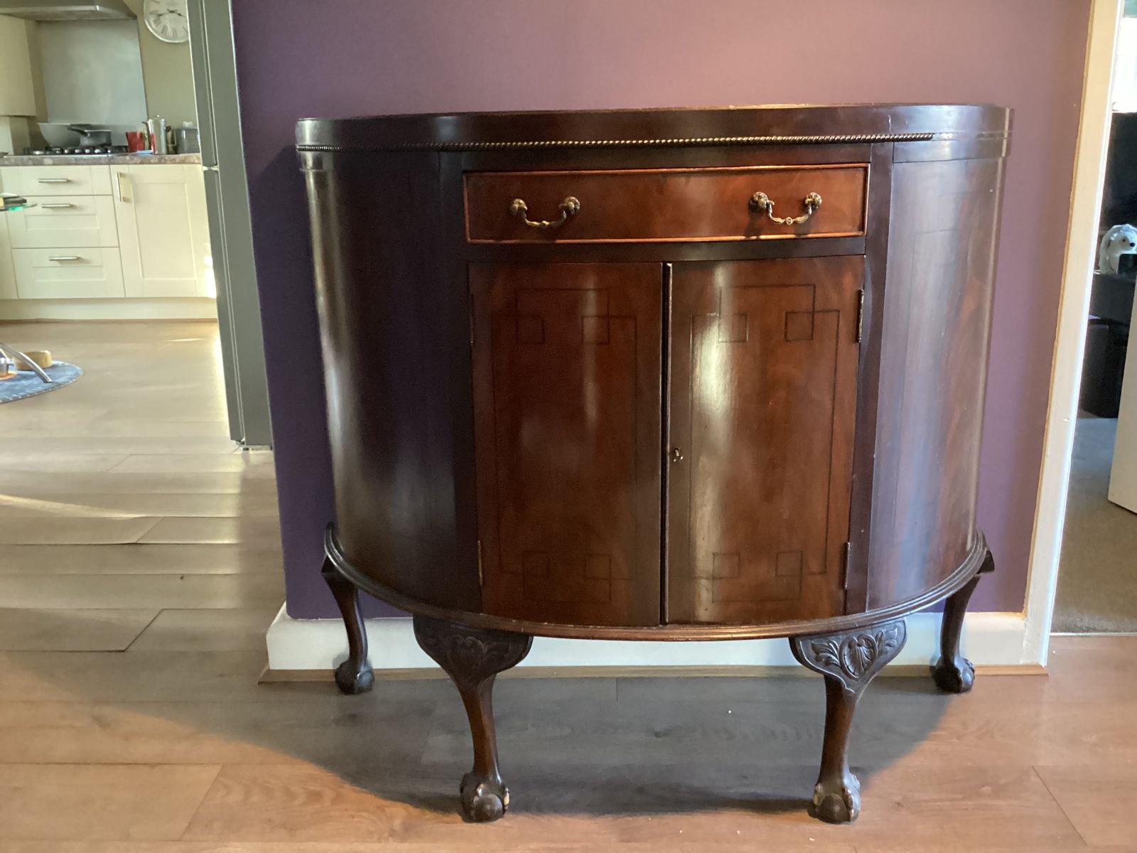 Demilune Cabinet Cica 1920 With Drawer ,Ball & Claw Feet ,Mahogany Art Deco Marquetry Insets photo buy
