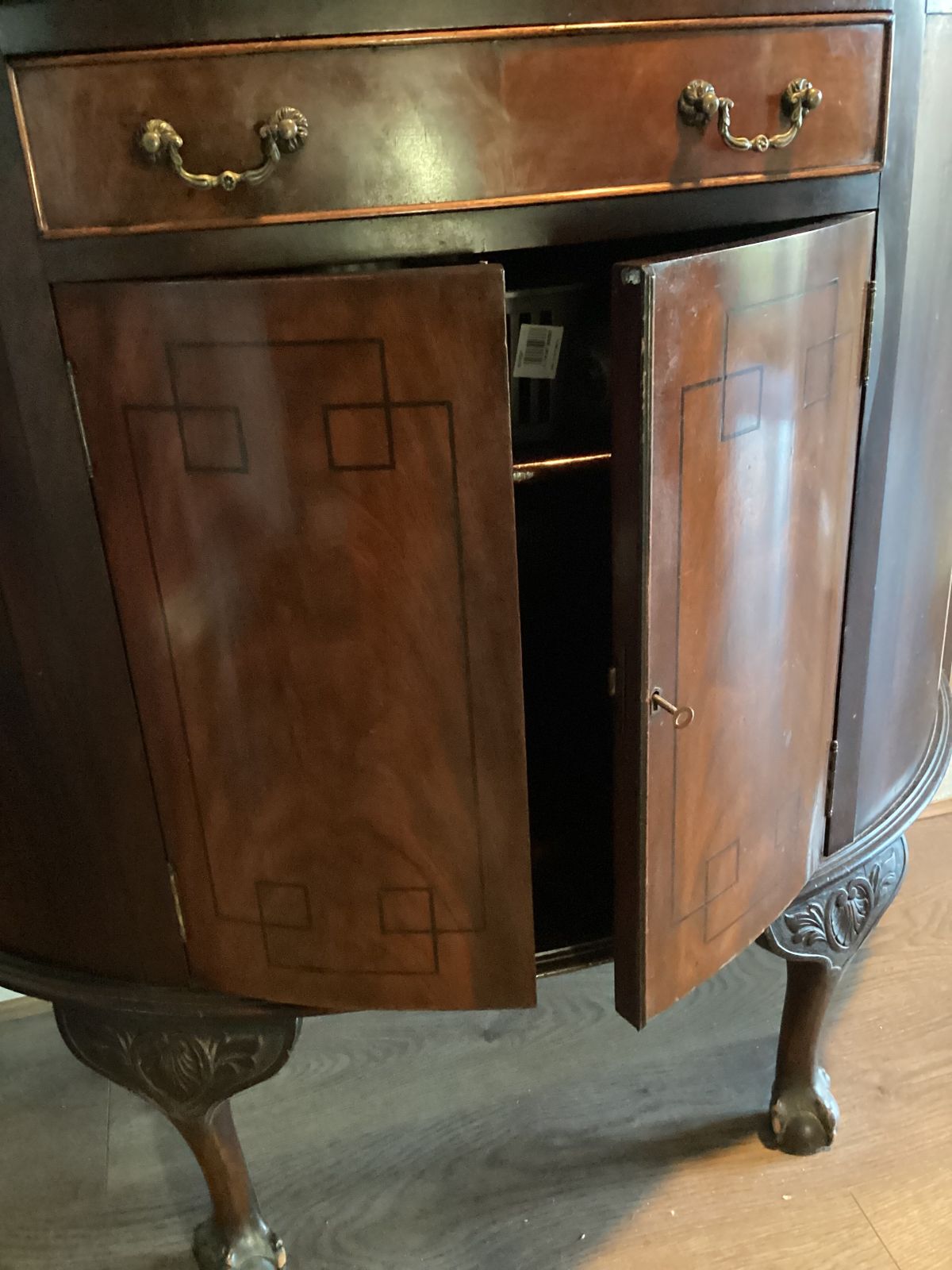 Demilune Cabinet Cica 1920 With Drawer ,Ball & Claw Feet ,Mahogany Art Deco Marquetry Insets photo vintage
