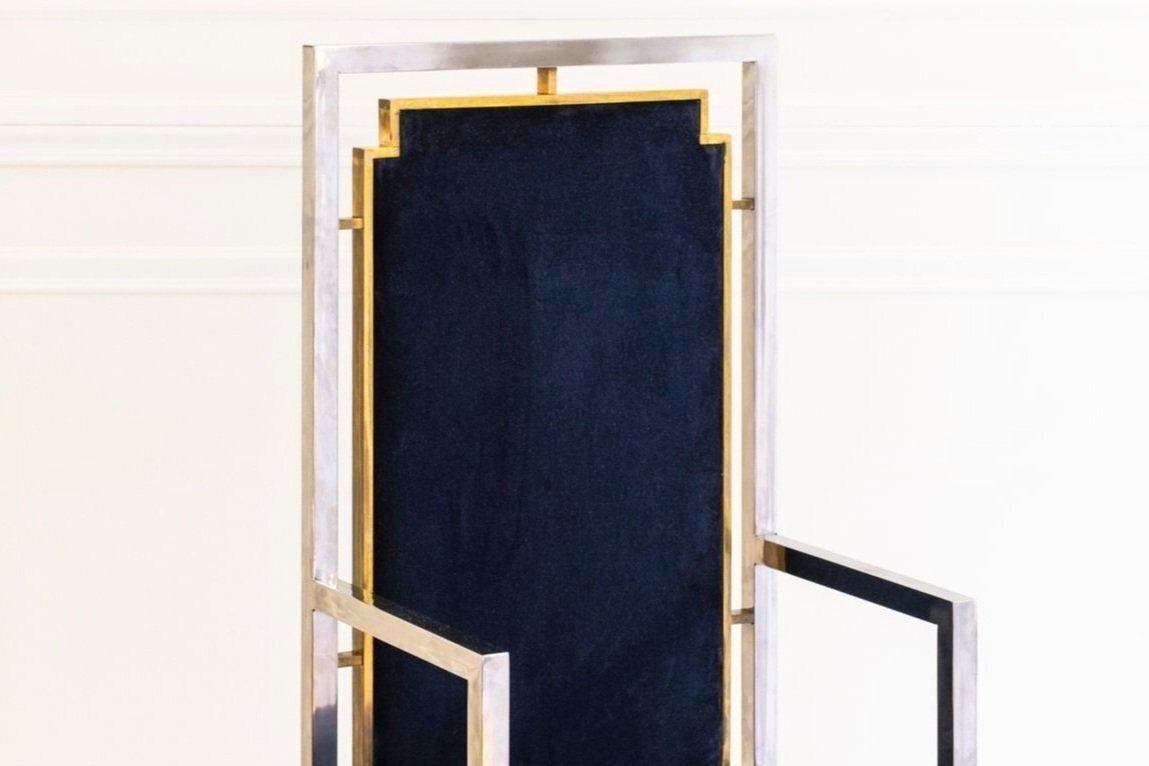 20th Century High Back Throne Chair Attributed To Roméo Rega, Silver & Blue Velvet, 1970 Italian Design photo for sale