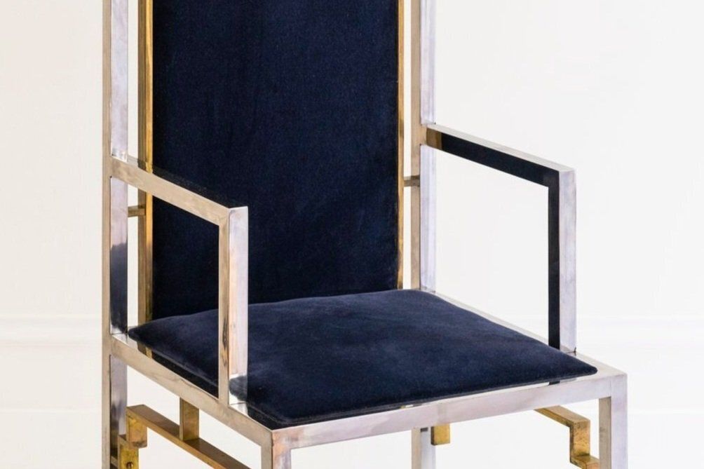 20th Century High Back Throne Chair Attributed To Roméo Rega, Silver & Blue Velvet, 1970 Italian Design photo Furniture