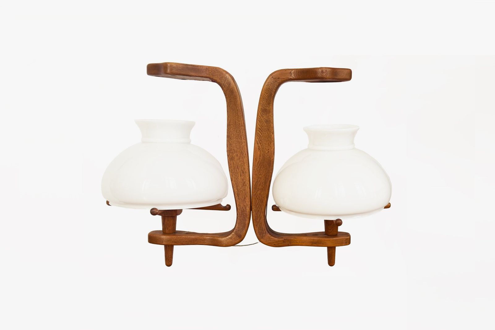 20th Century Guillerme, Chambron And Danikowski Chandelier In Oak And Opaline Shades With Ceramic Bulb Holders