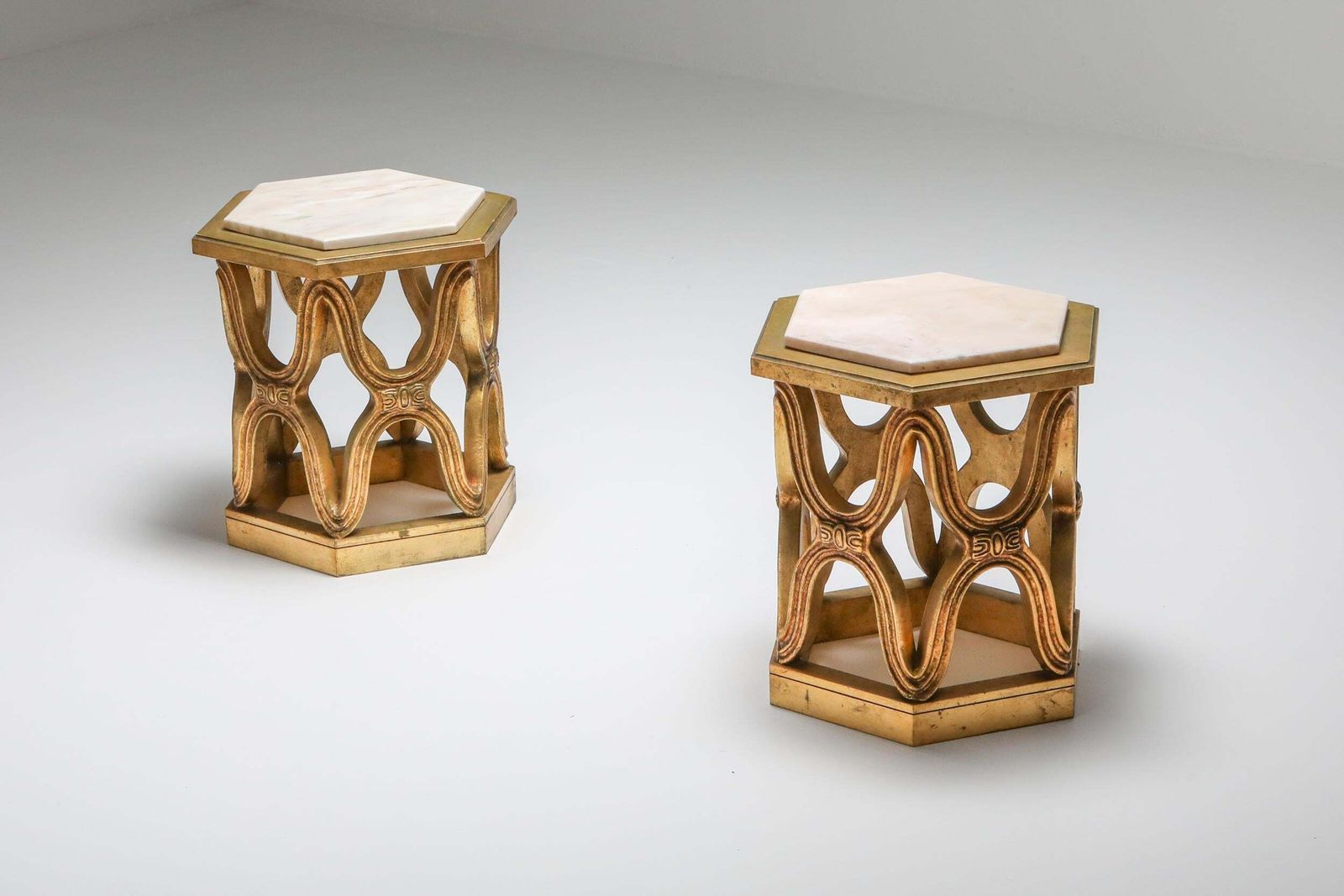 Carved Giltwood Side Tables With Marble Top, 1970s photo for sale