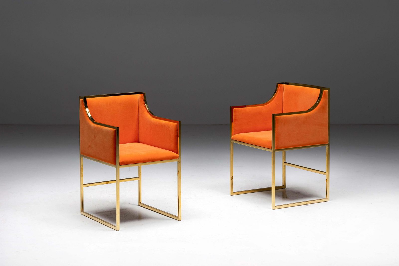 Maison Jansen Brass And Orange Velvet Armchairs, 1980s photo vinterior
