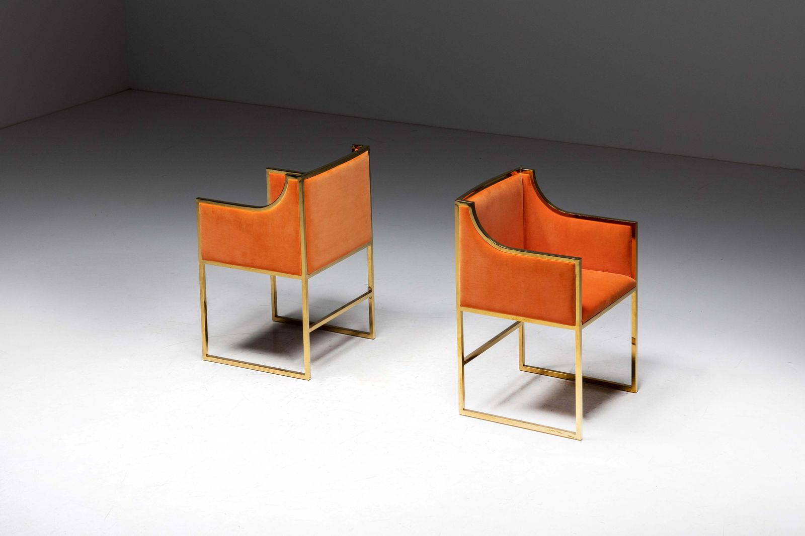 Maison Jansen Brass And Orange Velvet Armchairs, 1980s photo buy