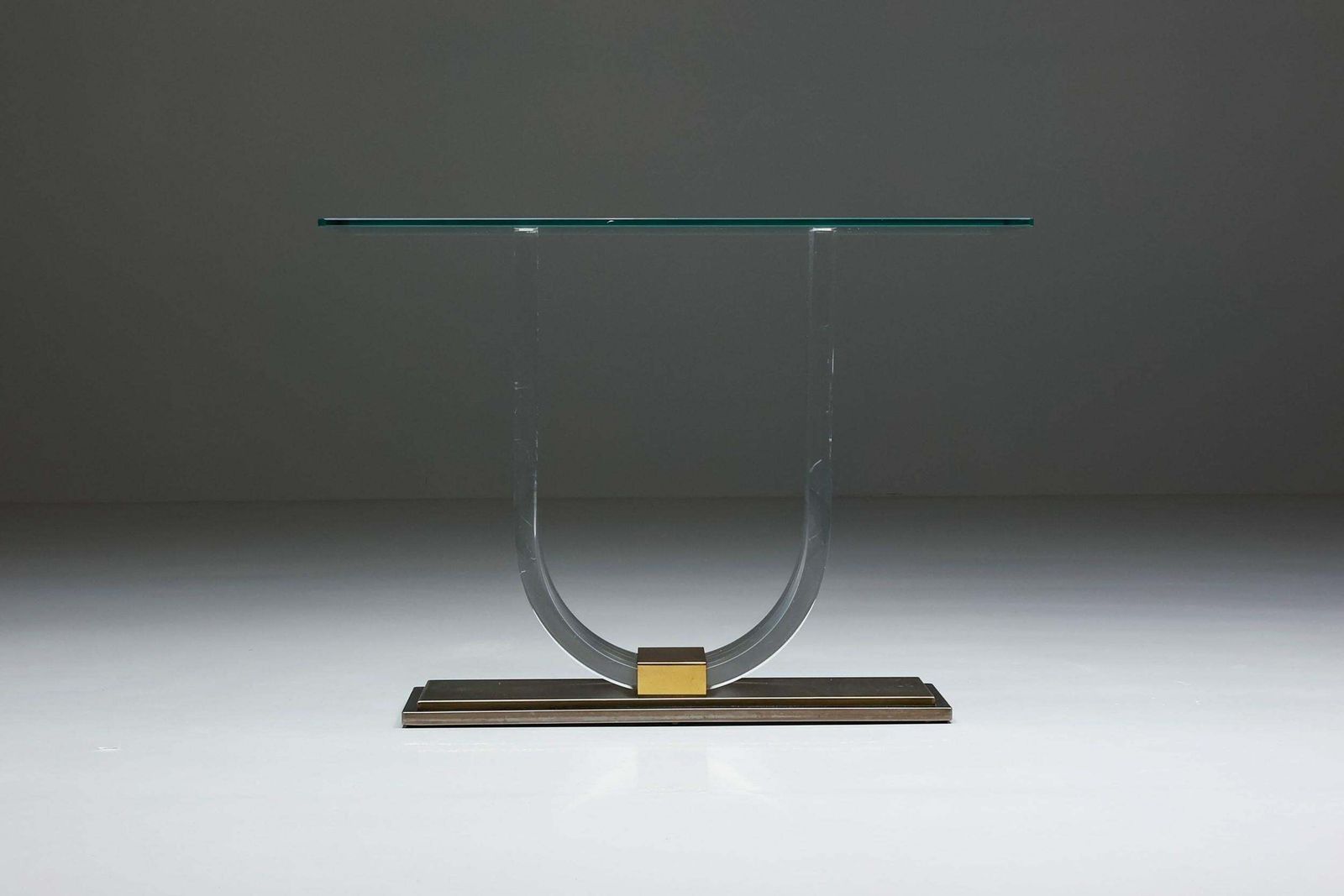 Hollywood Regency, Lucite & Brass Console Table For Belgo Chrome, Belgium, 1970s photo for sale