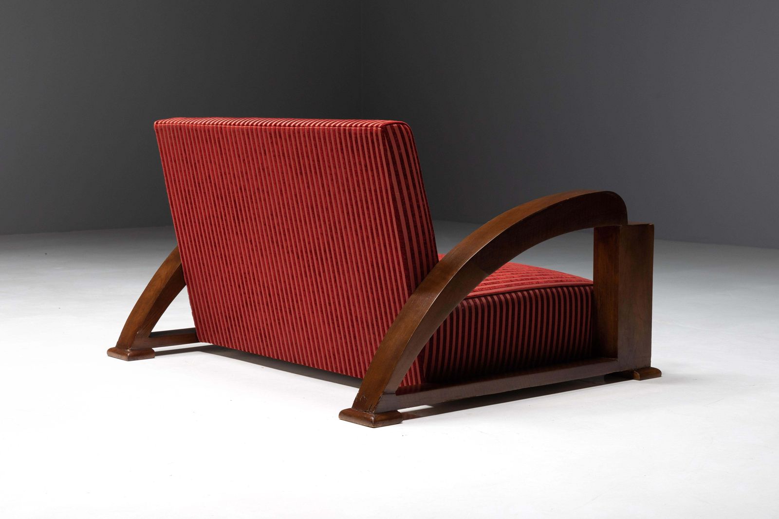3799.0 Art Deco Sofa In Red Striped Velvet And With Swoosh Armrests, France, 1940s photo