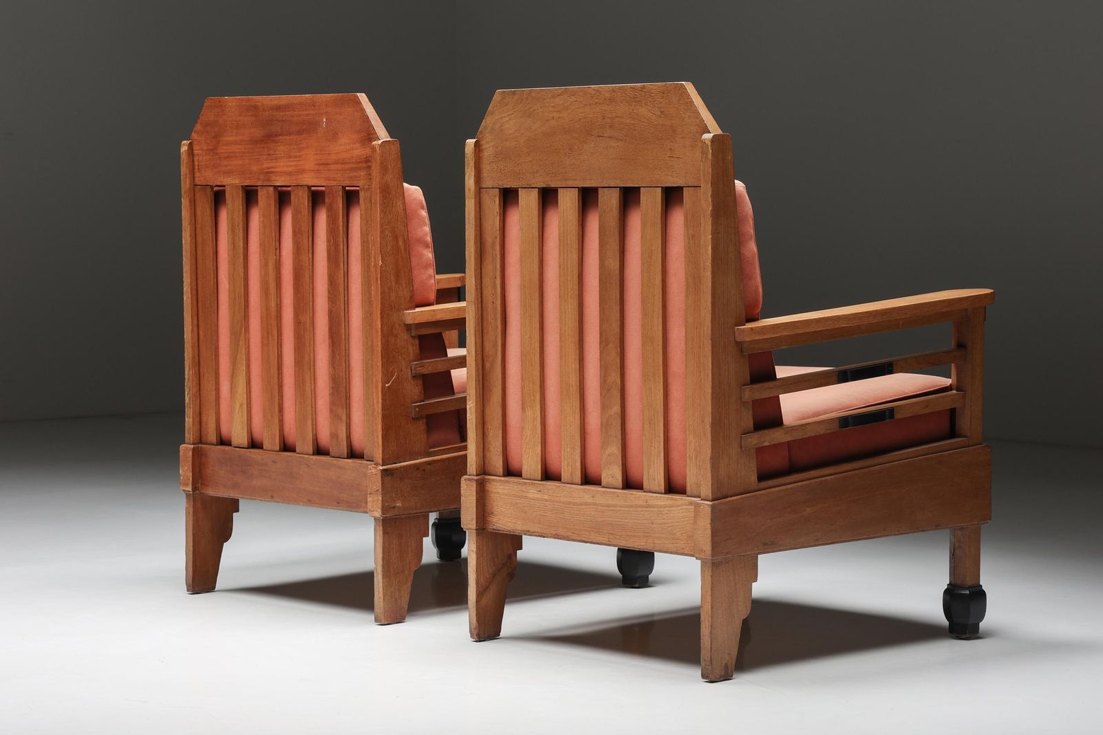 Pair Of Art Deco Club Chairs, Pine & Leather, Europe, 1960s photo vinterior