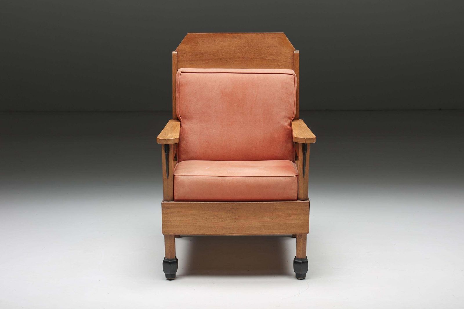Pair Of Art Deco Club Chairs, Pine & Leather, Europe, 1960s photo vintage