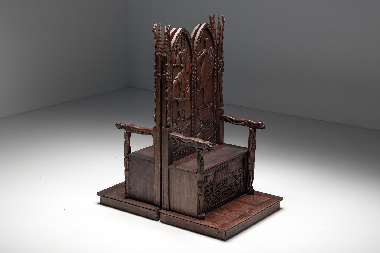 Carved Throne Chairs With Relief Design In Wood, 20th Century photo for sale
