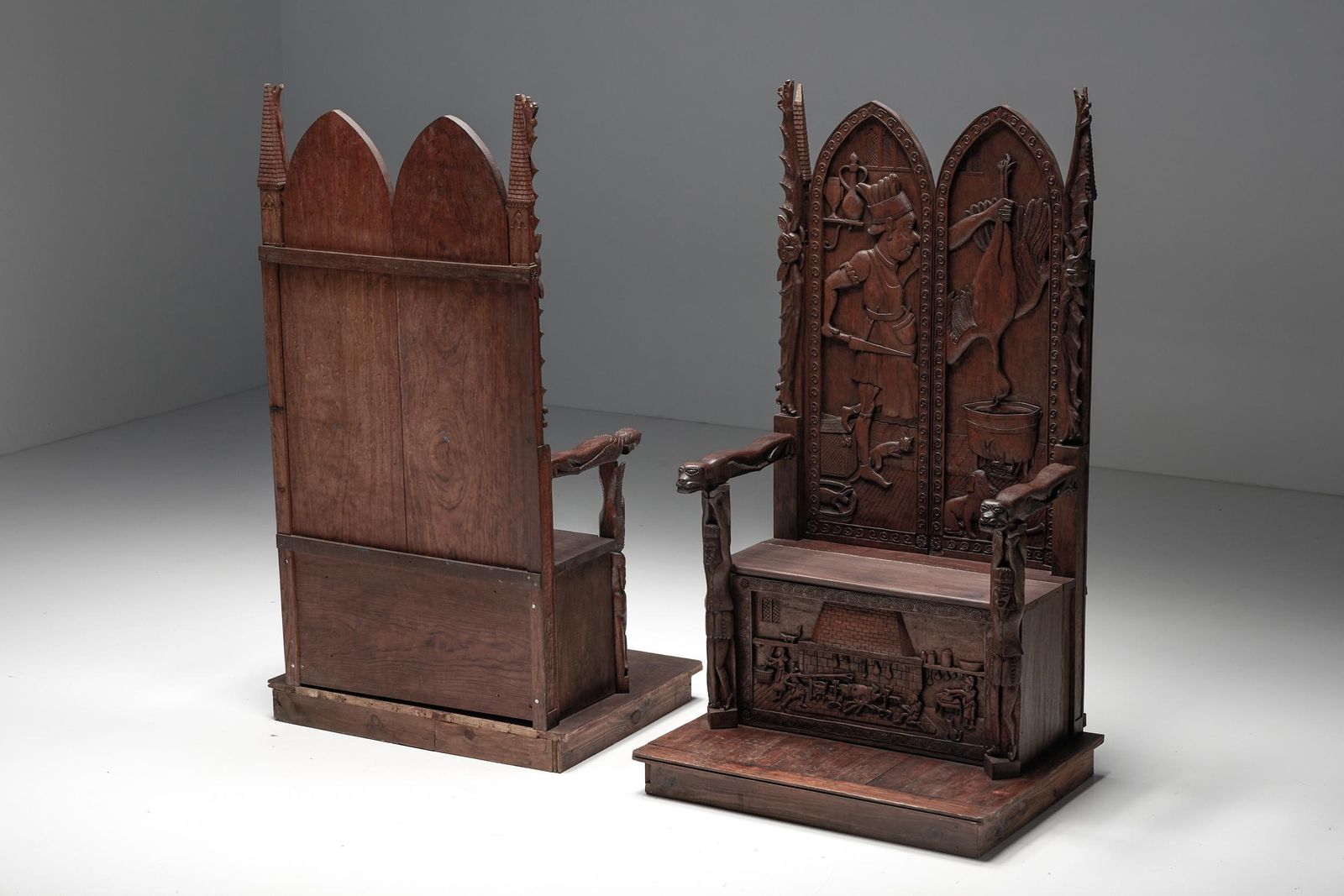 Carved Throne Chairs With Relief Design In Wood, 20th Century photo Furniture