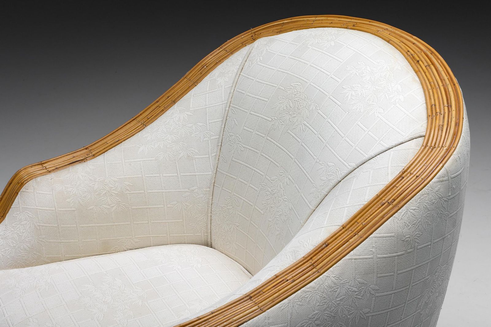 photo furniture Vivai Del Sud Bergère Chair, Italian Tropicalist Style, Rattan, Silk, 1970's