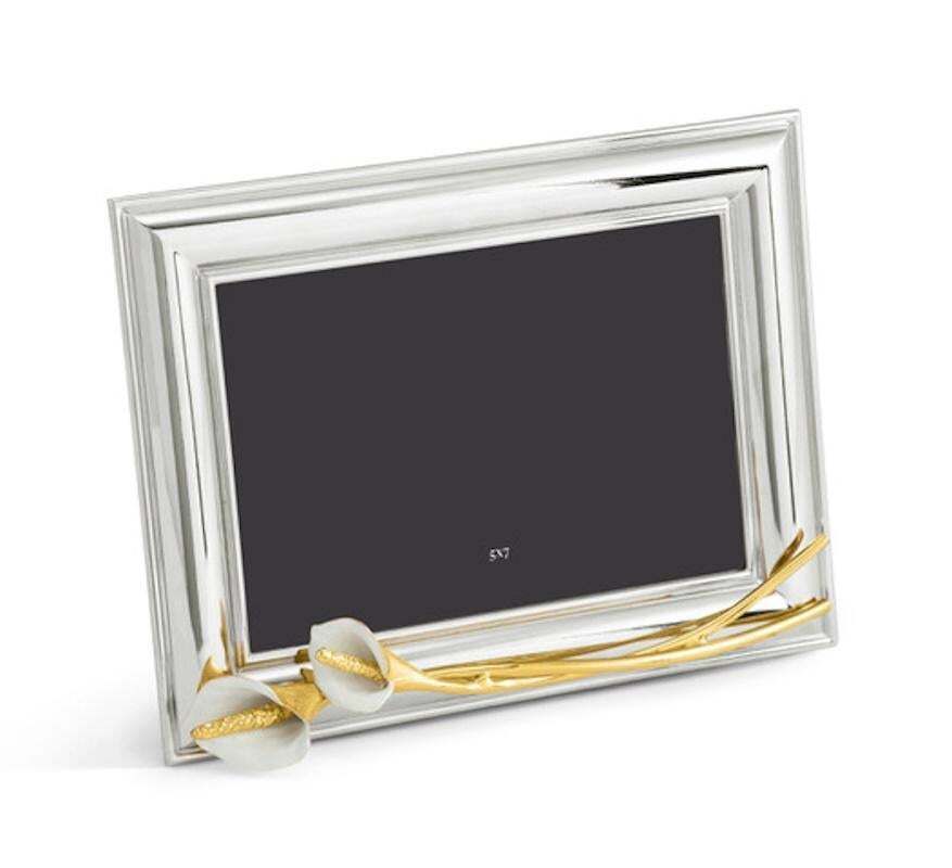 Silver Metal Photo Frame With Decorations In Gold Metal And White Enamel. photo furniture