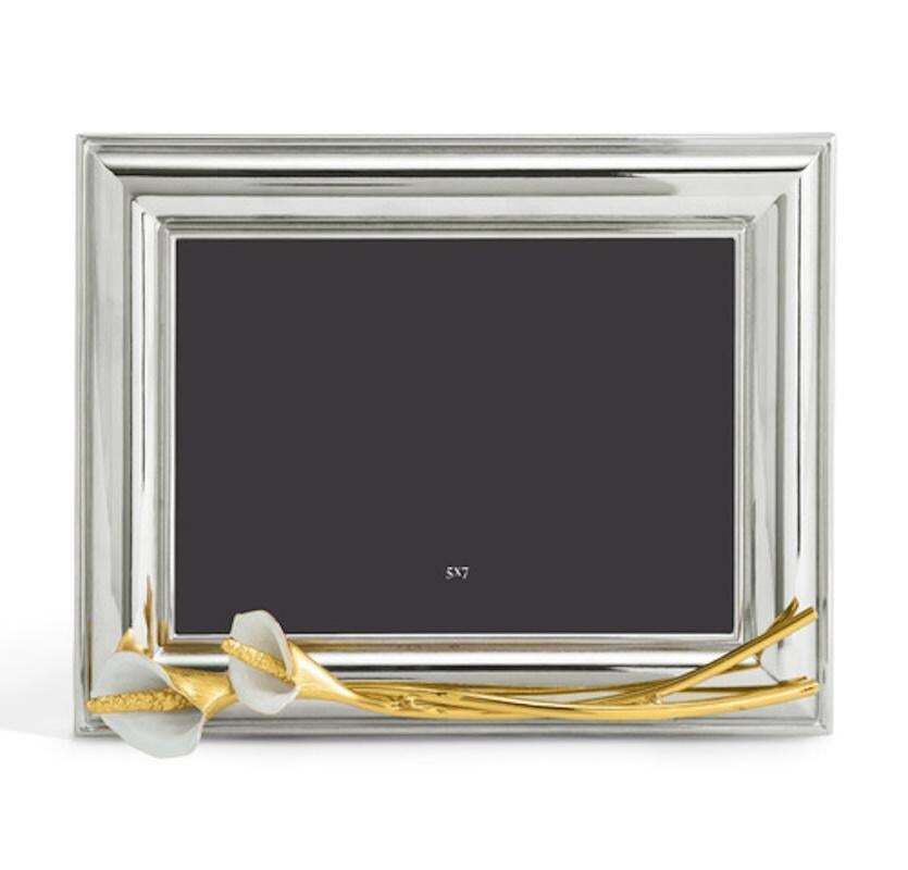 Silver Metal Photo Frame With Decorations In Gold Metal And White Enamel. photo 589.0