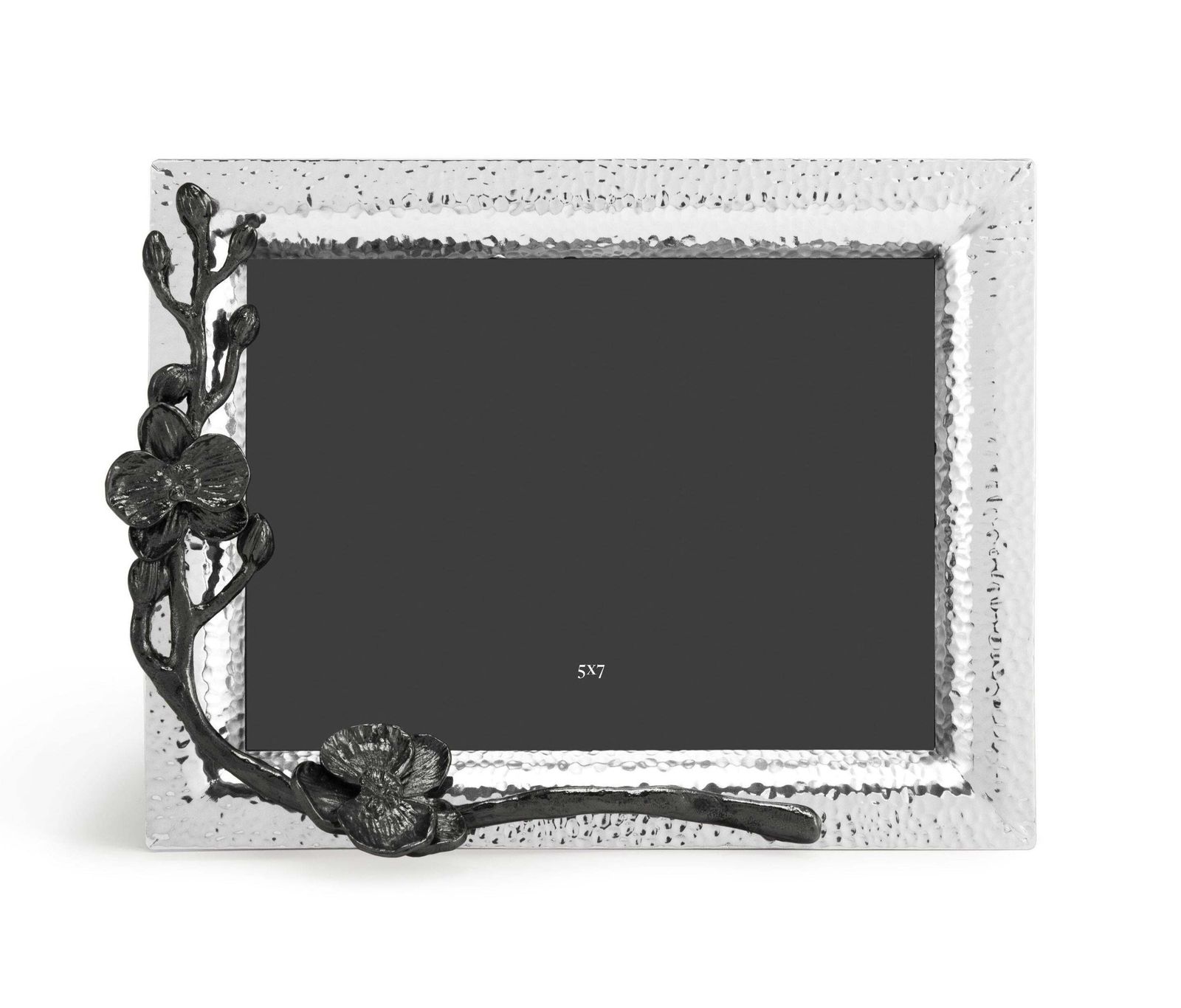 Nickel Plated Metal Medium Photo Frame With Overlapping Black Orchid Design. photo furniture