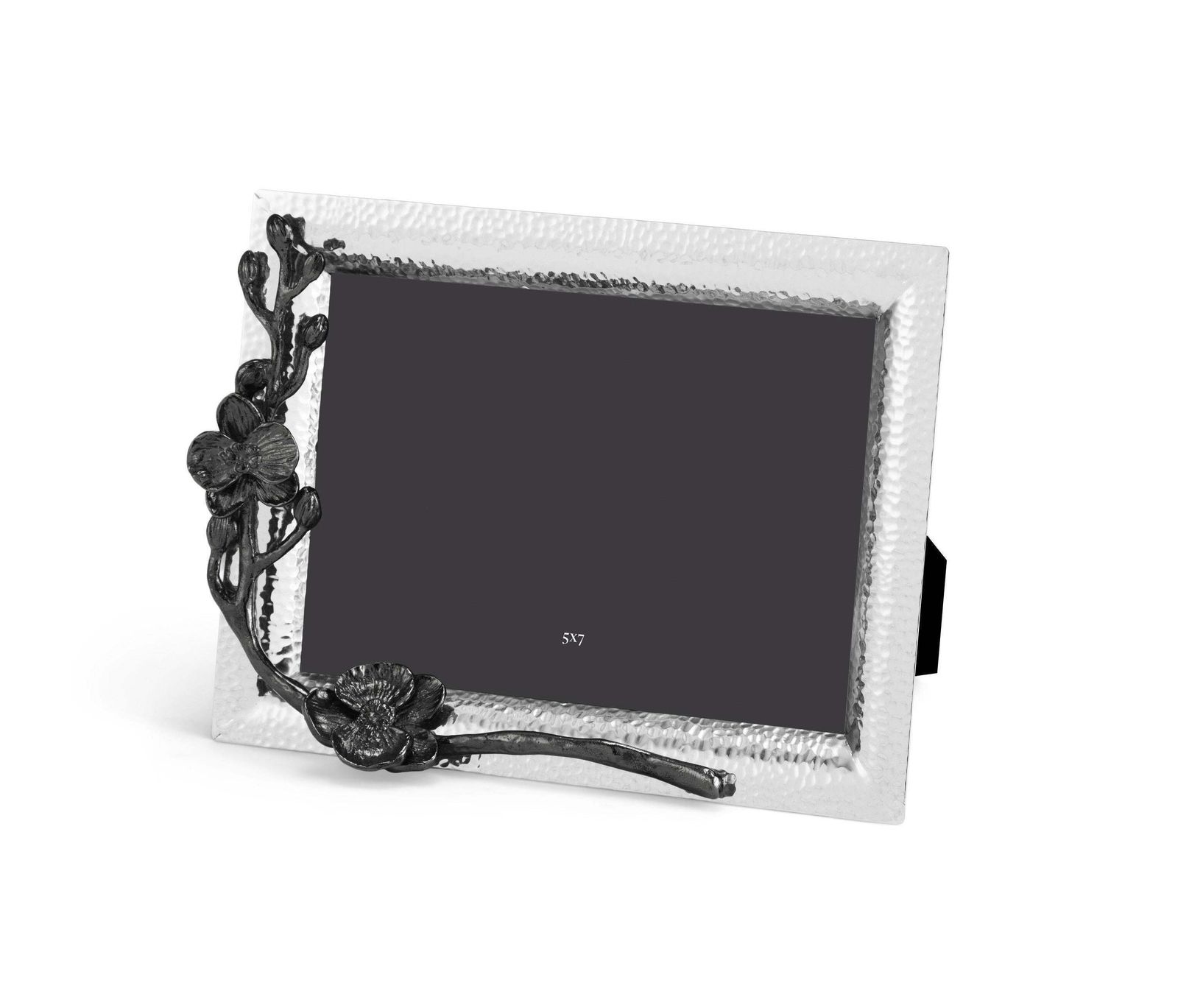 Nickel Plated Metal Medium Photo Frame With Overlapping Black Orchid Design. photo for sale