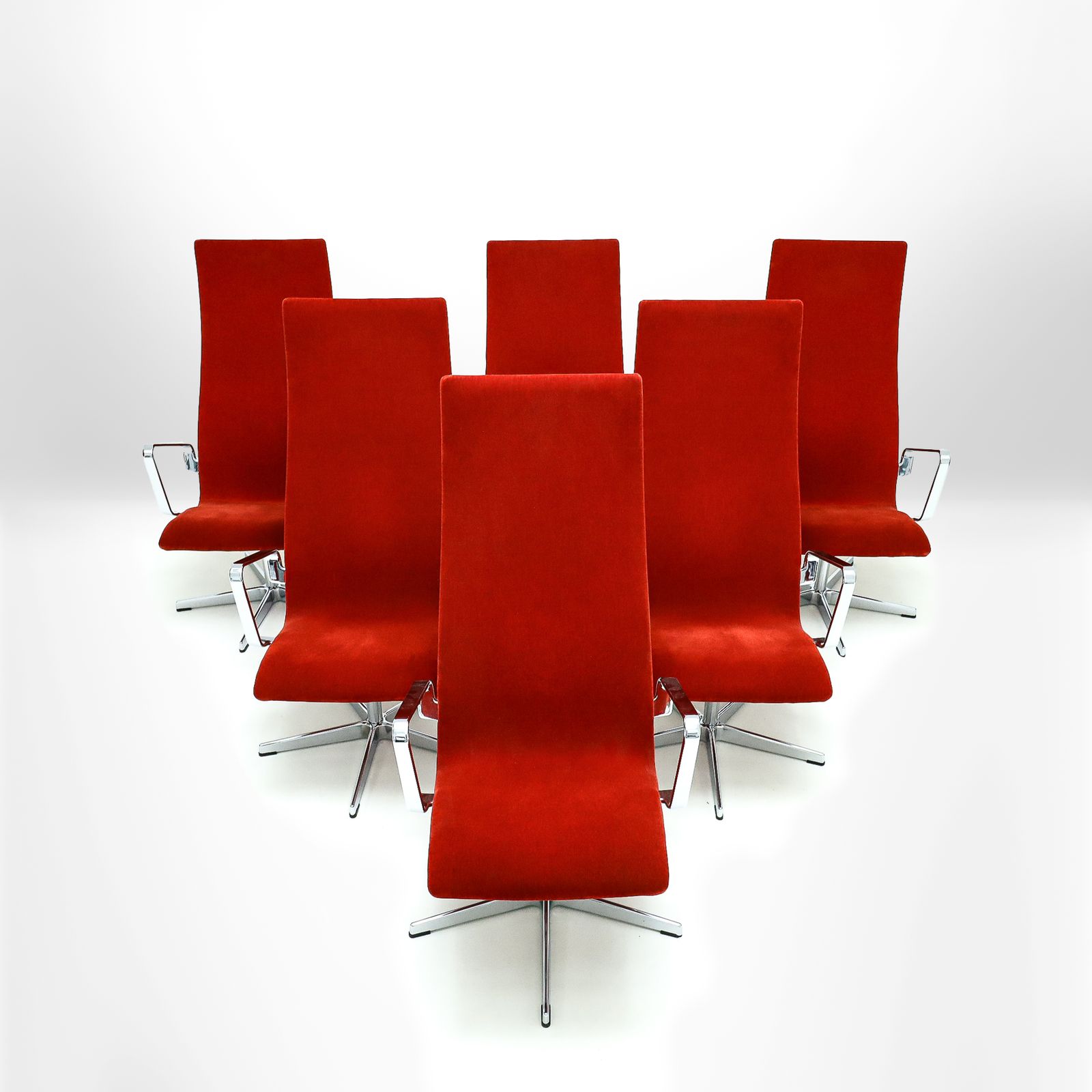 Set Of 6 Rare Lounge Version Arne Jacobsen Oxford Chairs In Vibrant Ferrari Red Velvet For Fritz Hansen photo Furniture