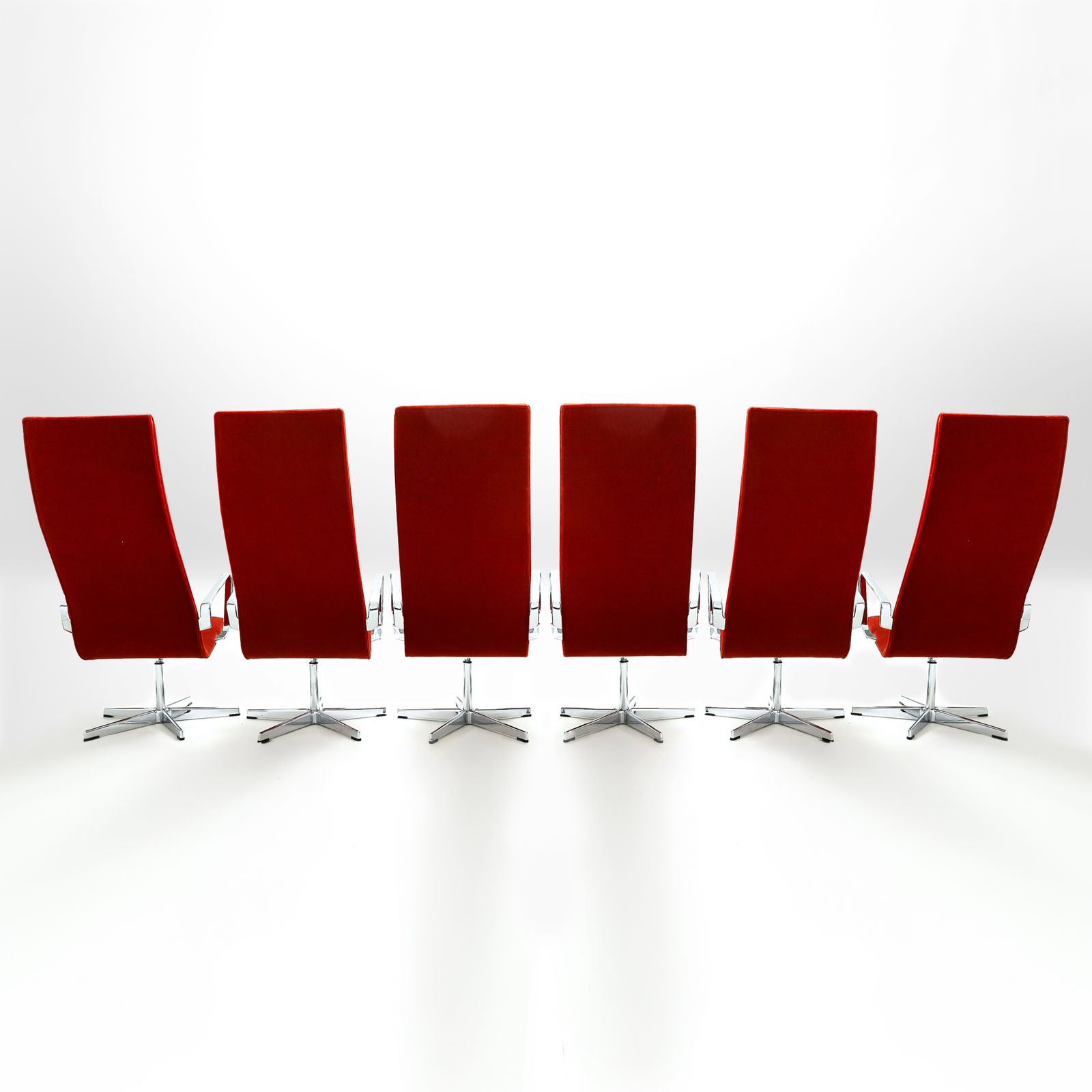 Set Of 6 Rare Lounge Version Arne Jacobsen Oxford Chairs In Vibrant Ferrari Red Velvet For Fritz Hansen photo 5450.0