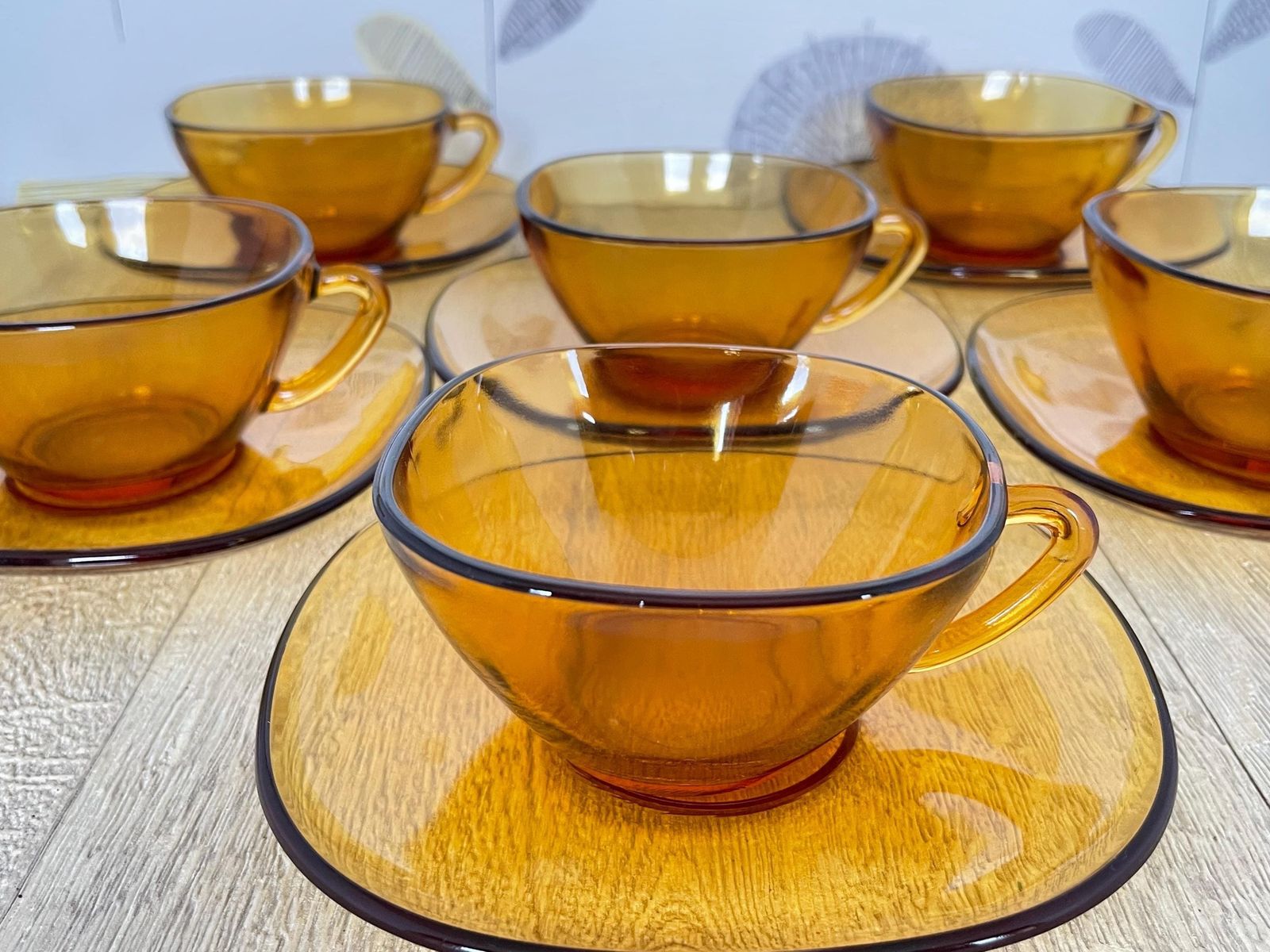 Amber Yellow French Glass Coffee Set   Vintage Vereco 12 Piece Glass Espresso Set   Small Square Demitasse Cups And Saucers