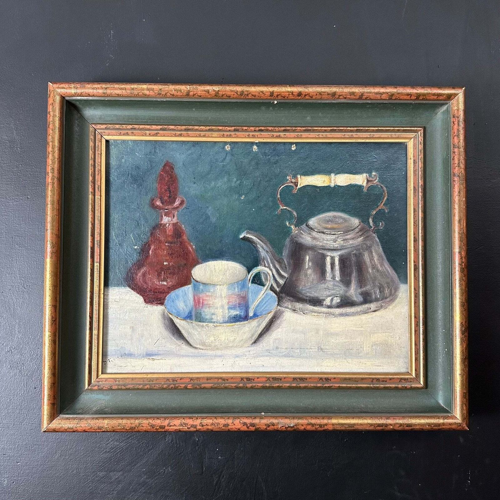French Antique Still Life “Tasse De Thé” Oil Painting On Canvas Framed photo Art