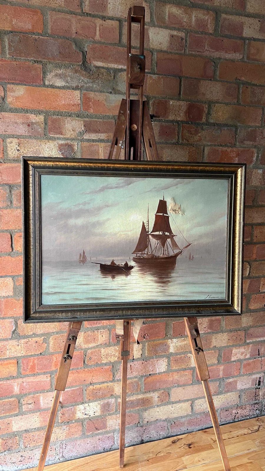 1896 Antique Nautical Oil Painting By Joseph Eaman – Sailing Ship At Sunset