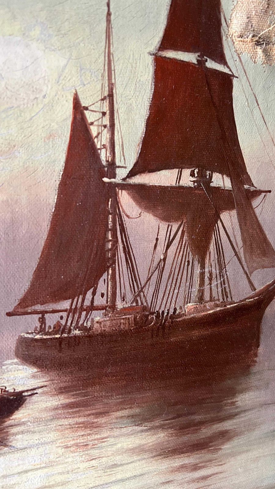 1896 Antique Nautical Oil Painting By Joseph Eaman – Sailing Ship At Sunset photo Art