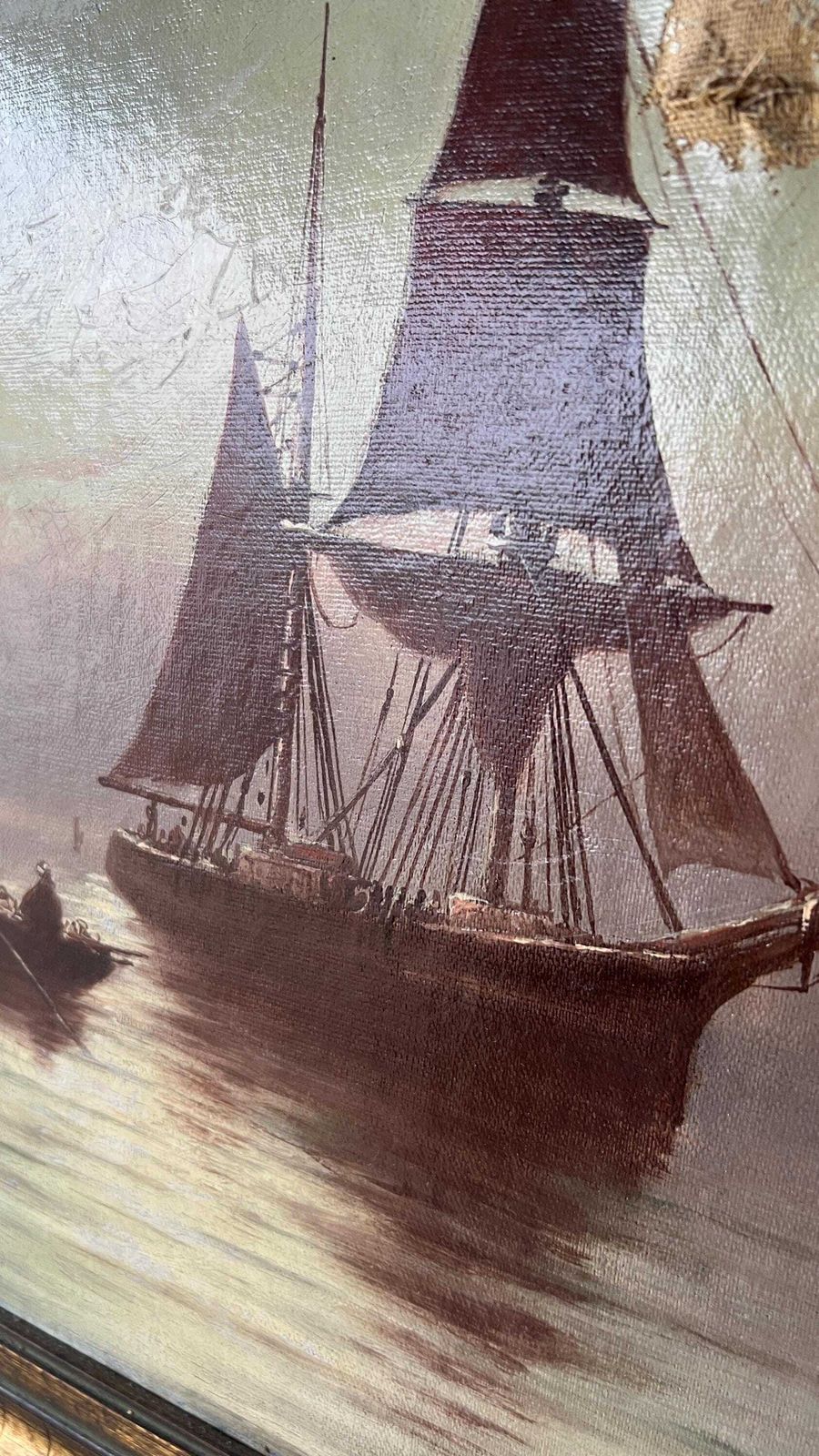 1896 Antique Nautical Oil Painting By Joseph Eaman – Sailing Ship At Sunset photo vinterior