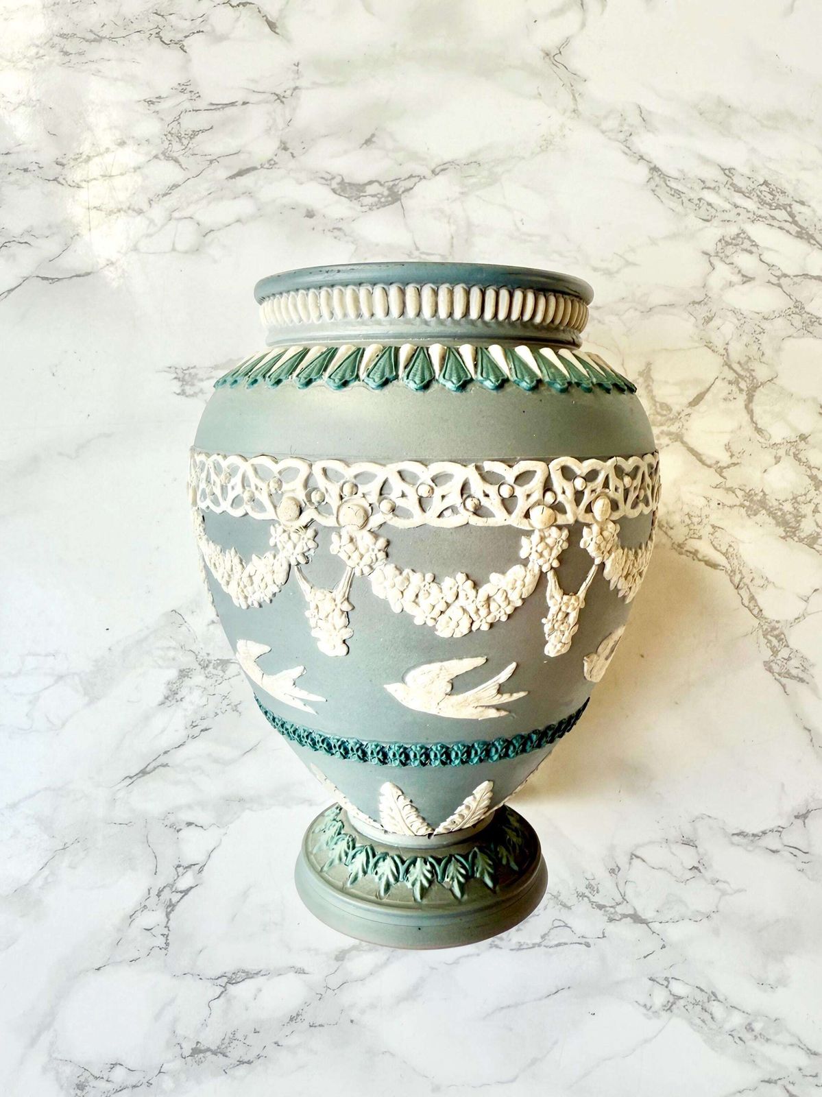 Antique 1884 Vase Rare Doulton Lambeth Art And Crafts Victorian Silicon Ware Bird Pattern Sparrow Floral Garland Jasperware photo furniture