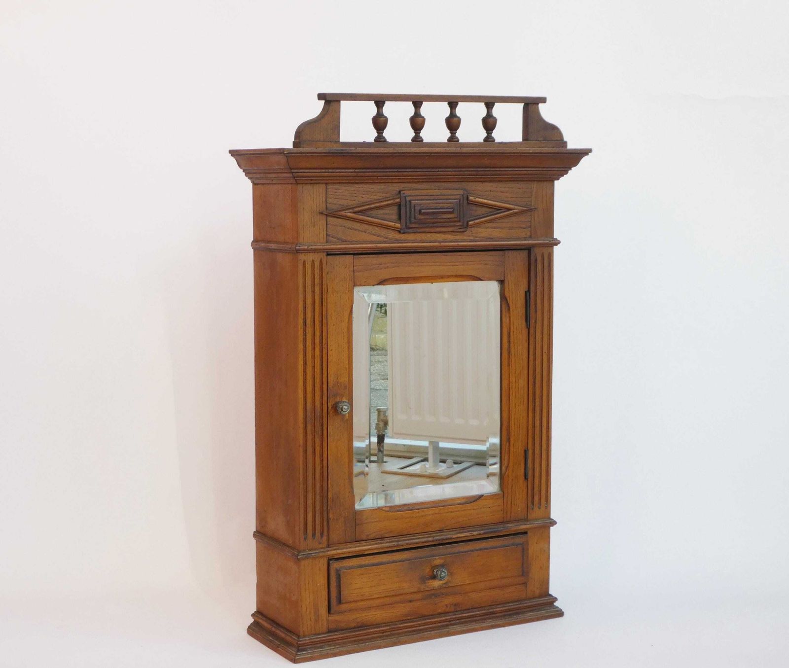 Antique Small Wooden Cabinet With Beveled Mirror And Carved Ornaments, Oak Medicine Apothecary With Shelf And Drawer, Bathroom Display photo furniture