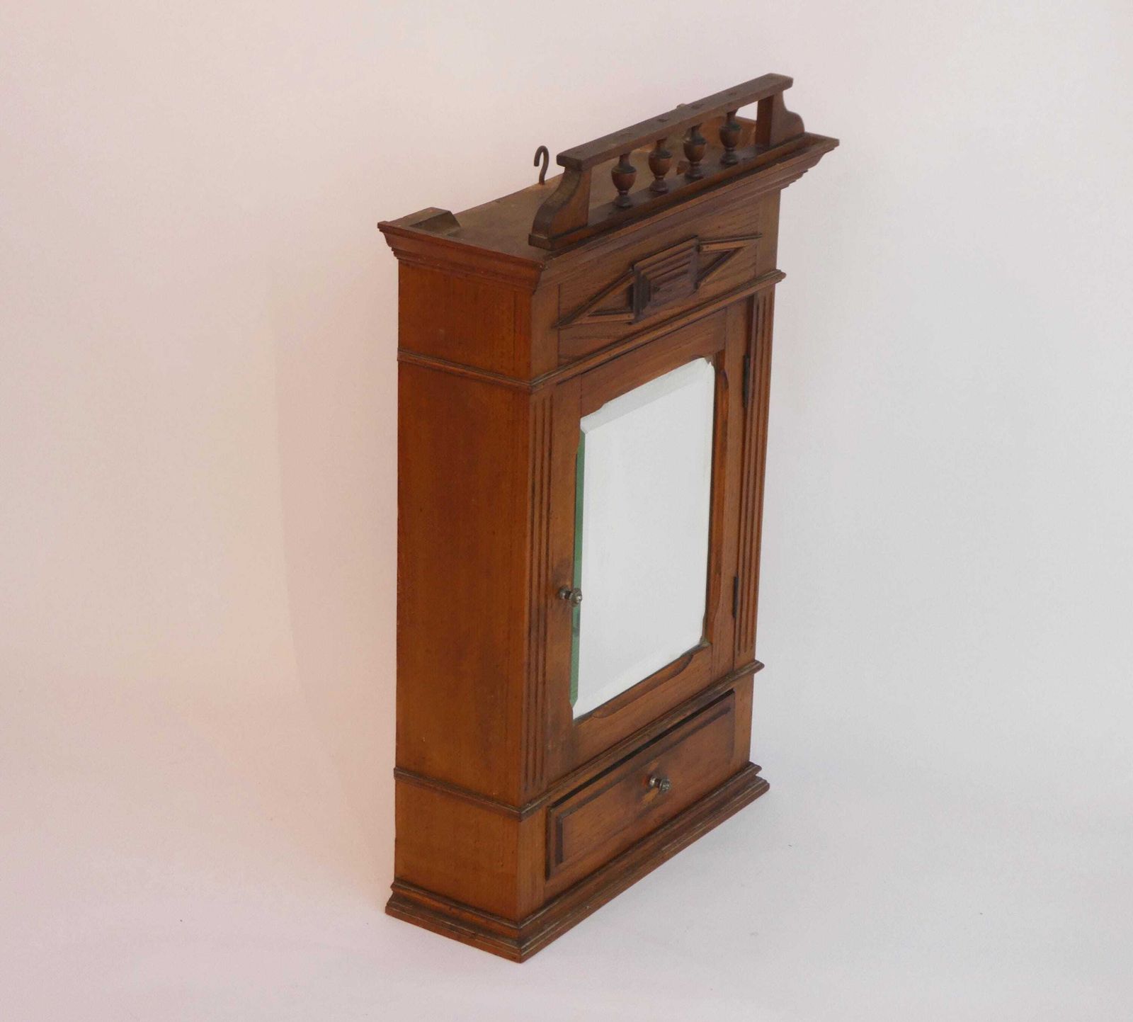 Antique Small Wooden Cabinet With Beveled Mirror And Carved Ornaments, Oak Medicine Apothecary With Shelf And Drawer, Bathroom Display photo Furniture
