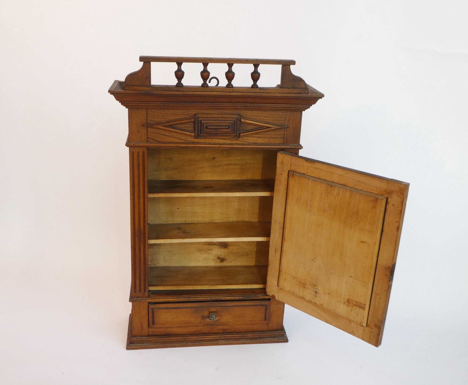 Antique Small Wooden Cabinet With Beveled Mirror And Carved Ornaments, Oak Medicine Apothecary With Shelf And Drawer, Bathroom Display photo buy