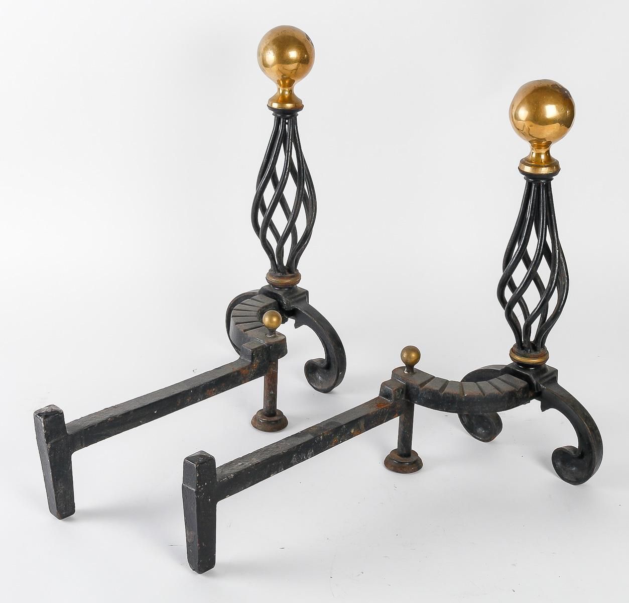 Pair Of Wrought Iron Andirons, Circa 1940 photo vintage