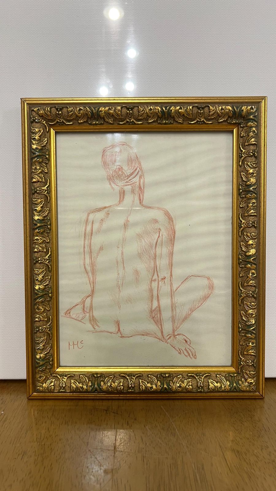 Signed Framed Red Pencil Nude Drawing – Female Figure Study photo furniture