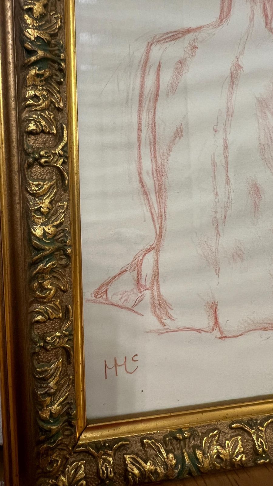Signed Framed Red Pencil Nude Drawing – Female Figure Study photo Art