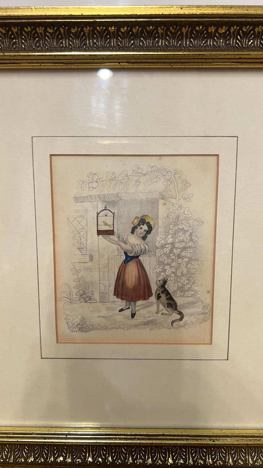Early 1900s Framed Pencil And Watercolour Artwork – Charming Rural Scene Featuring Girl, Cat And Bird photo for sale