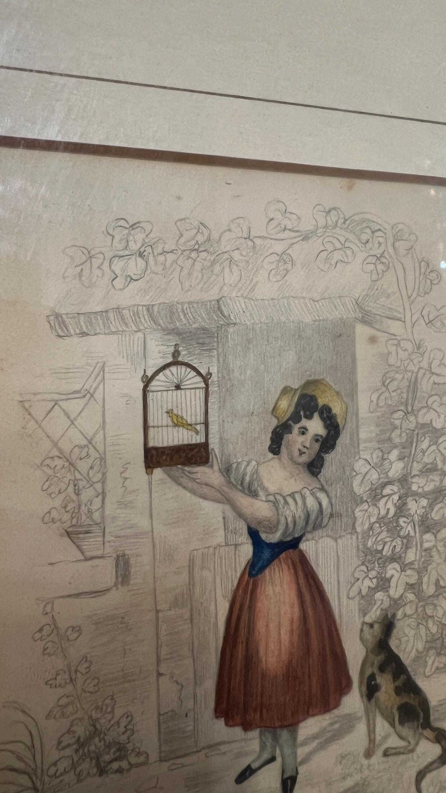 Early 1900s Framed Pencil And Watercolour Artwork – Charming Rural Scene Featuring Girl, Cat And Bird photo 99.0