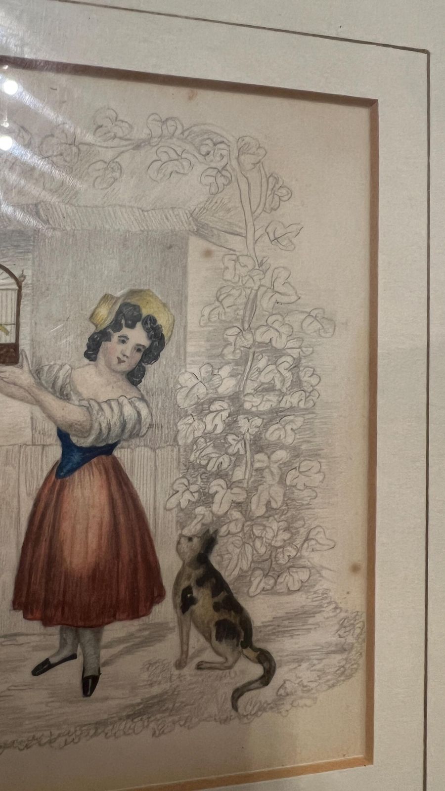 Early 1900s Framed Pencil And Watercolour Artwork – Charming Rural Scene Featuring Girl, Cat And Bird photo vinterior
