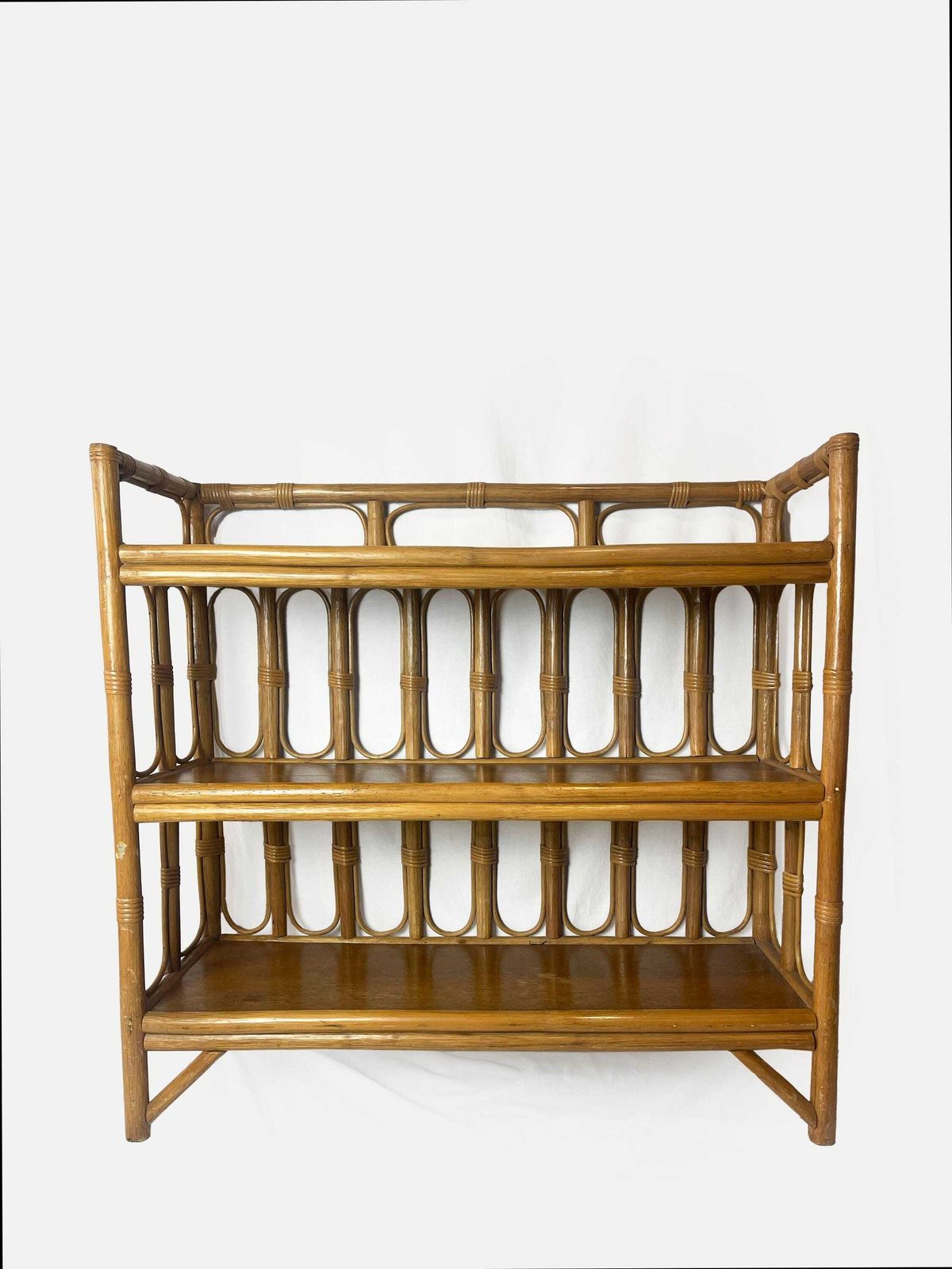photo for sale Mid Century Bamboo Display Case, Vintage Bamboo Shelves, Retro Wicker And Bamboo Bookcase, 1970's Furniture