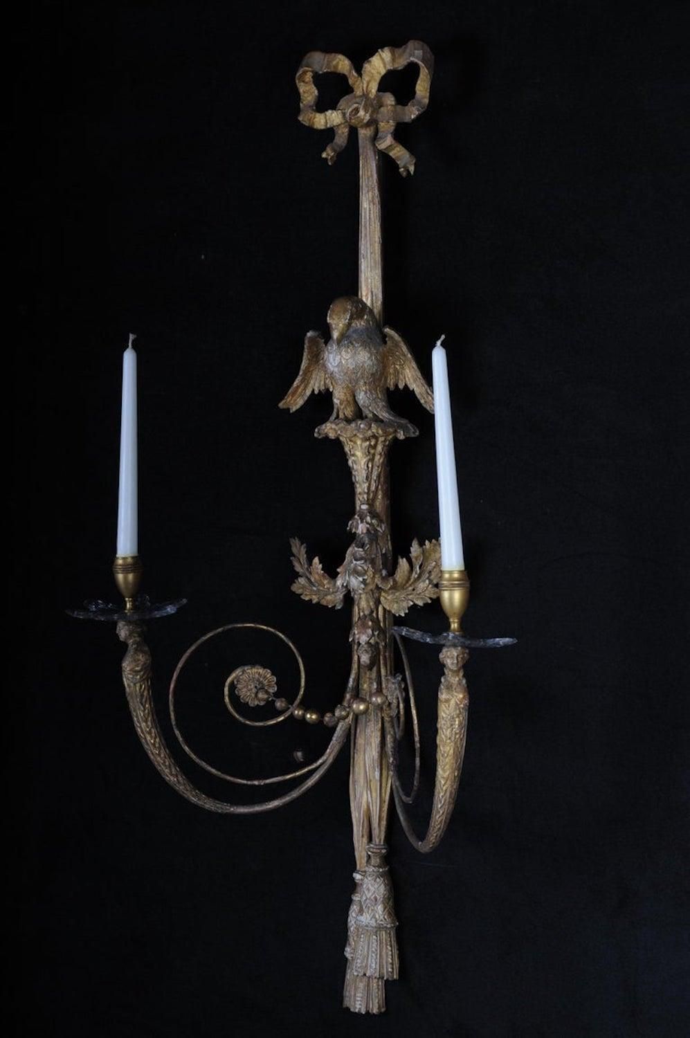Lighting Pair Of Large Empire Appliqués / Sconces Circa 1800, Gilded Linden Wood photo