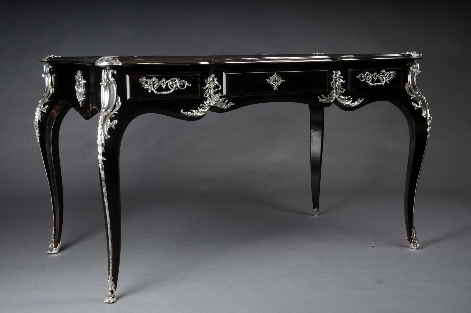 Designer Writing Desk / Bureau Plat In Louis XV Style Piano Black With Silver photo for sale