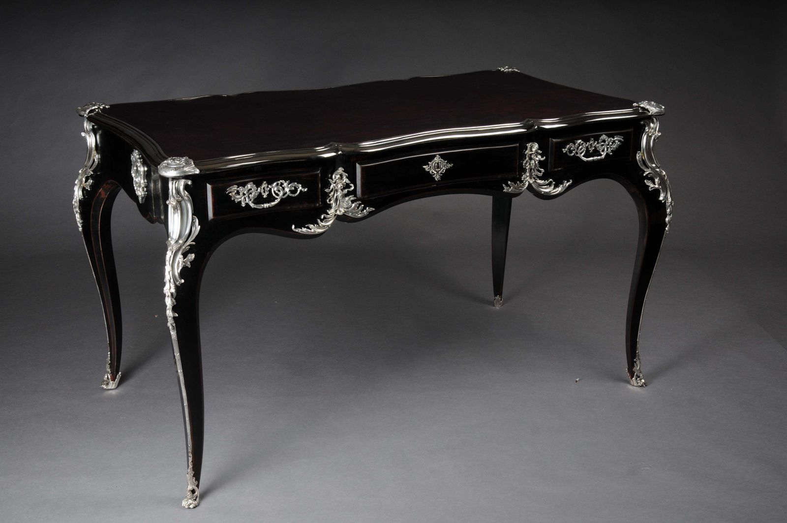 Designer Writing Desk / Bureau Plat In Louis XV Style Piano Black With Silver photo Furniture