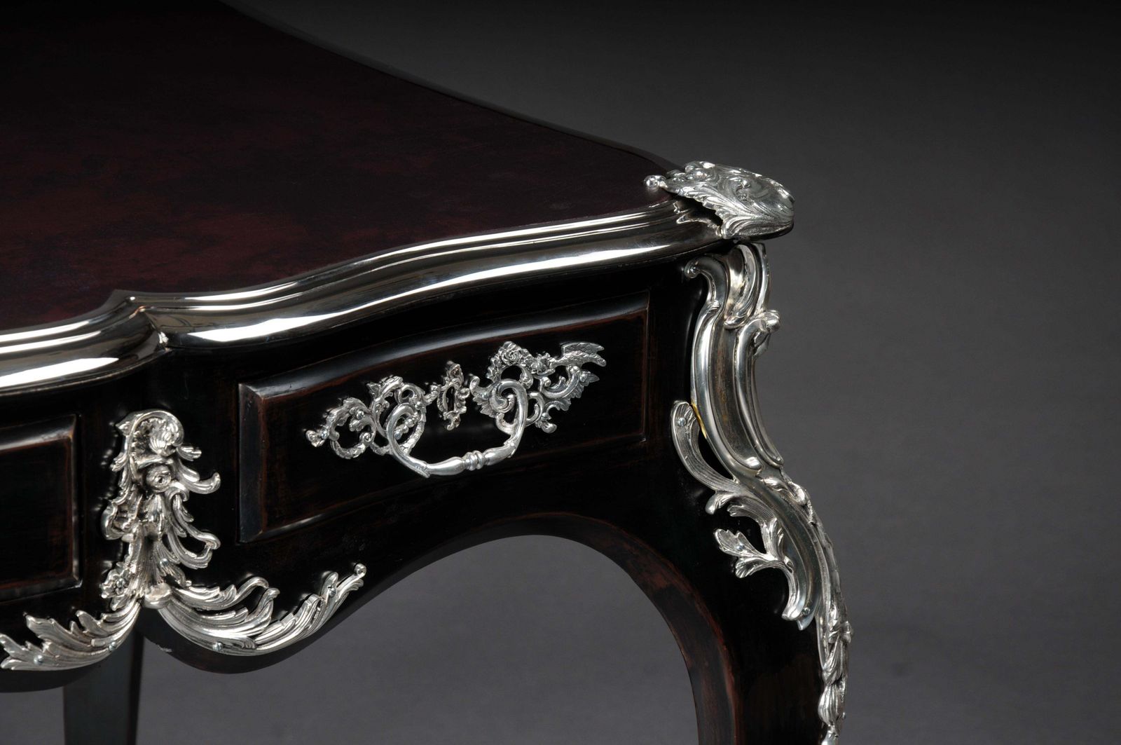Designer Writing Desk / Bureau Plat In Louis XV Style Piano Black With Silver photo vinterior