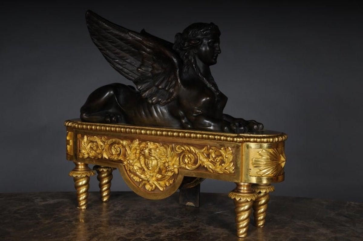 Pair Of Empire Sphinx Chimneys, Brass Andirons, Paris 19th Century Napoleon III photo vintage