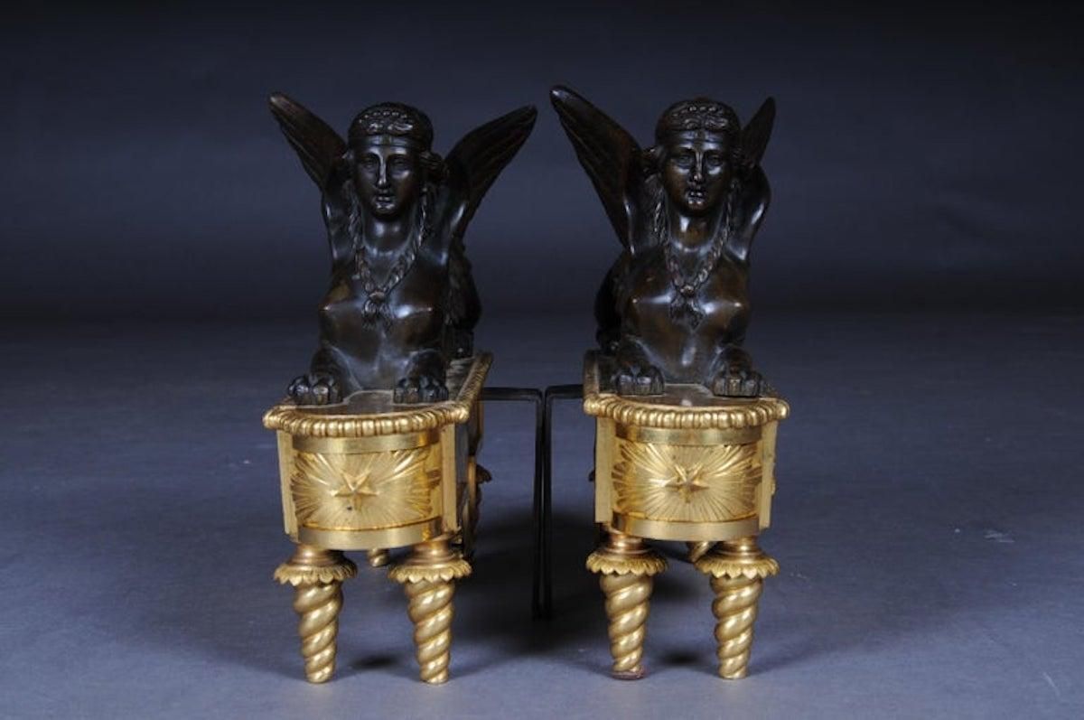 12616.0 Pair Of Empire Sphinx Chimneys, Brass Andirons, Paris 19th Century Napoleon III photo